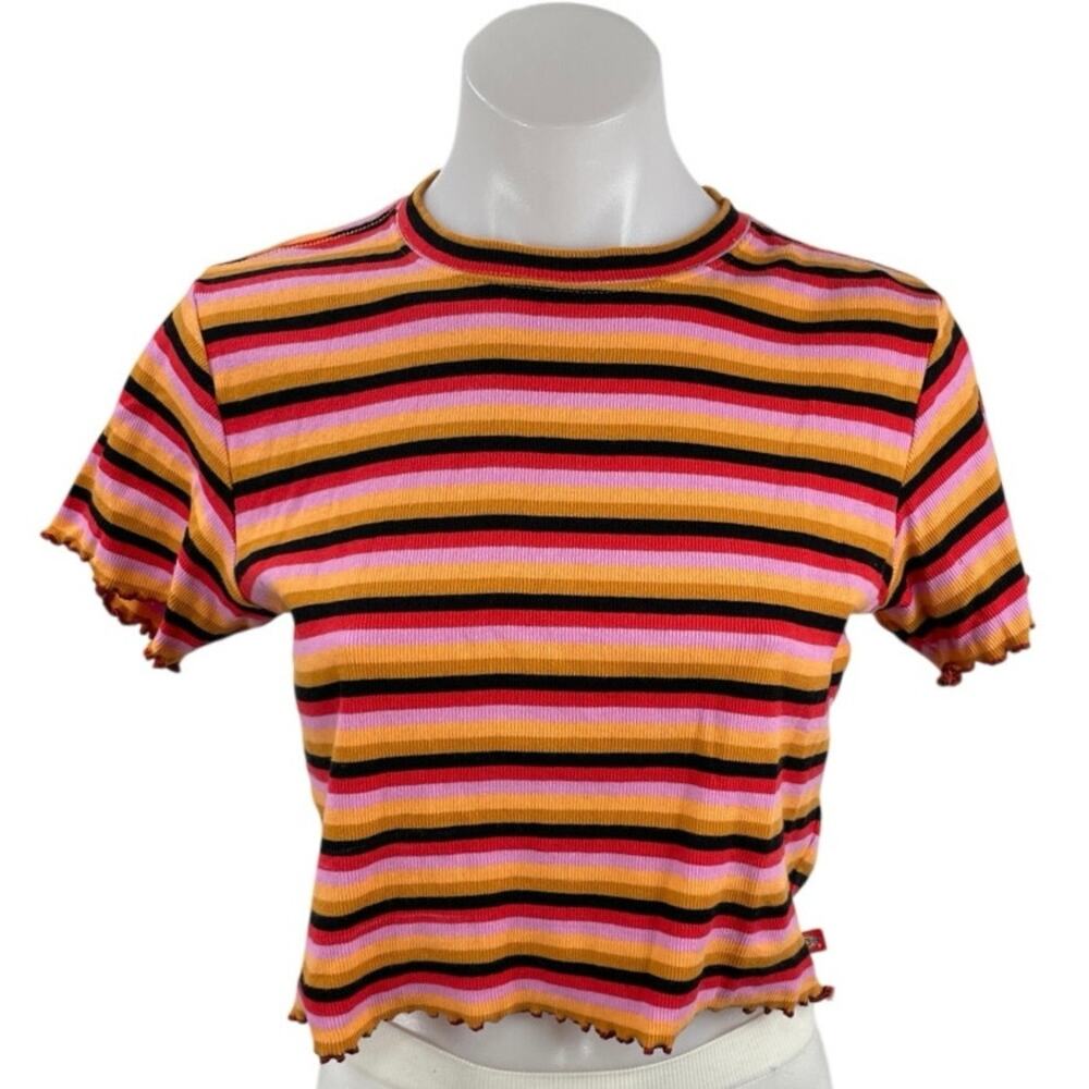 Dickies Women's Multicolor Striped Retro Short Sleeve Crop T Shirt Tee Top Sz L